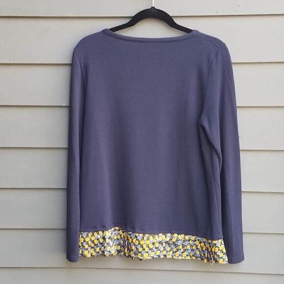 J Crew Navy Long Sleeve Tee with Pleated Floral Ruffle Size Medium - Picture 4 of 6